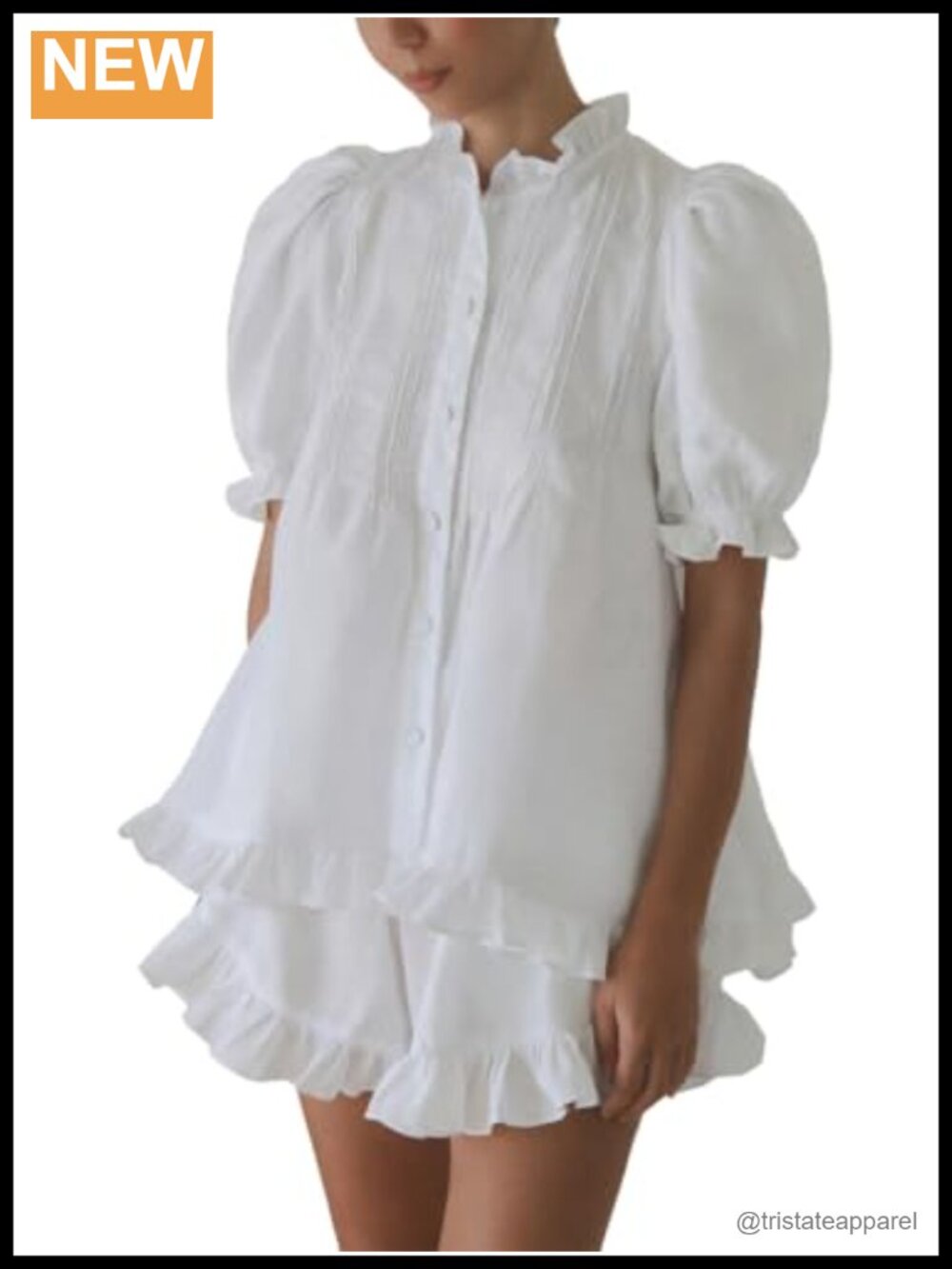 Cotton Ruffle Short Set Puff Sleeve Button Down 2 Piece Outfit